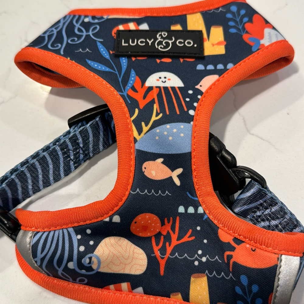 Navy Ocean Print Dog Harness with Orange Trim